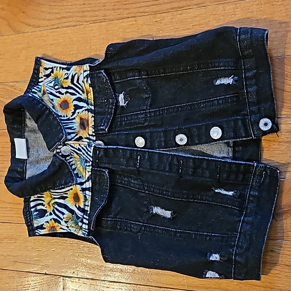 Boutique Kids Youth Girls Jean Denim Vest Floral Sunflower Distressed Zebra